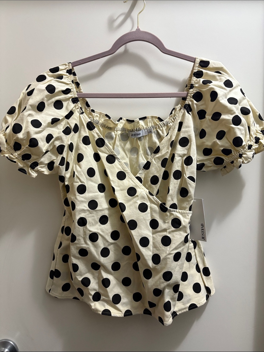 JustFab Cream Wrap Top with Black Polka Dots